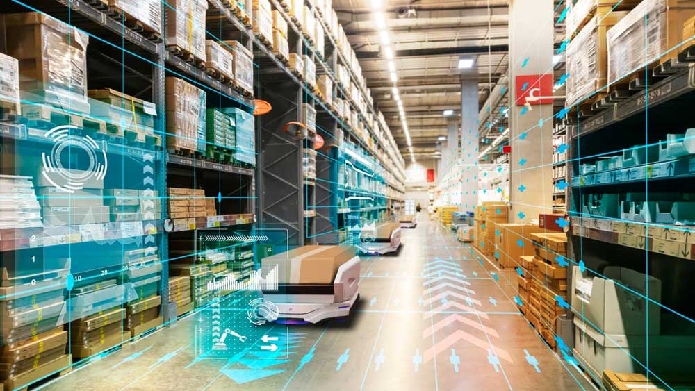 Warehouse using autonomous mobile robots (AMRS) for inventory management and transportation.