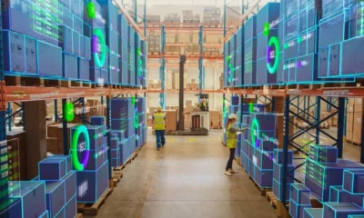 Futuristic illustration of a warehouse with digital packages stacked in a warehouse.