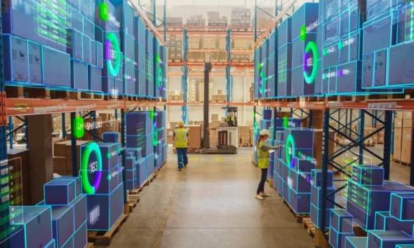 Futuristic illustration of a warehouse with digital packages stacked in a warehouse.