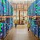 Futuristic illustration of a warehouse with digital packages stacked in a warehouse.