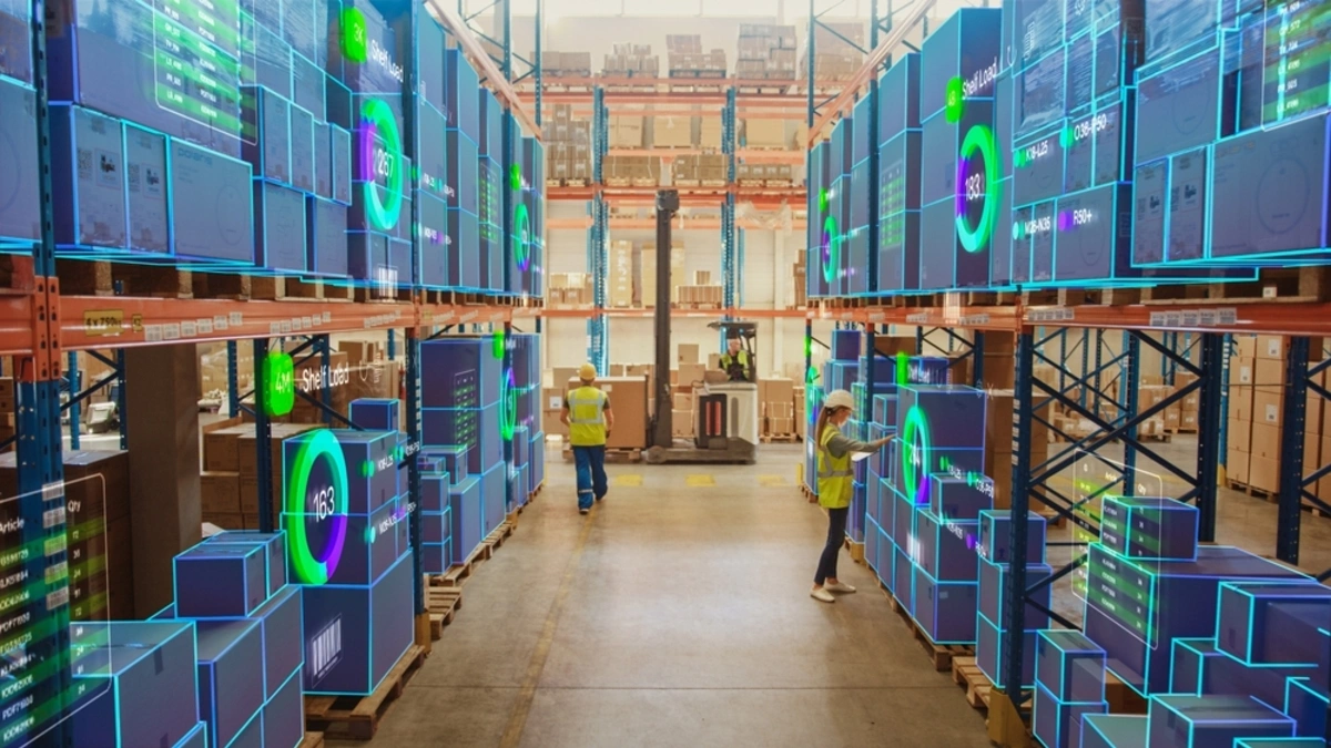 Futuristic illustration of a warehouse with digital packages stacked in a warehouse.