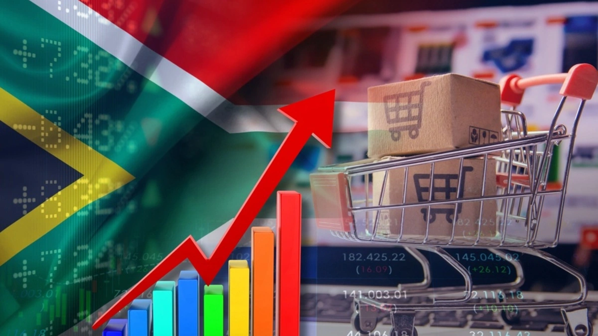 Landscape image of a South African flag with flow charts over an e-commerce shop