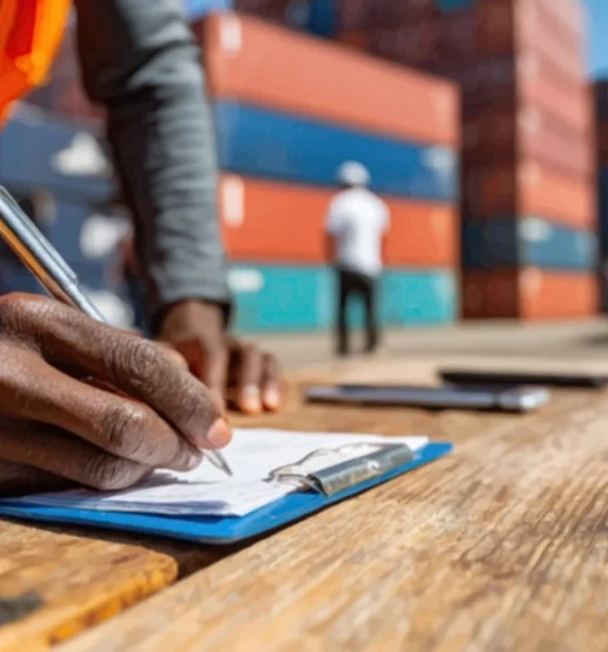 Close up of a shipping yard worker completing paper work on a clipboard