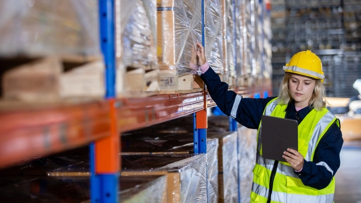 Woman in a high vis vest inspect inventory stock in a warehouse.