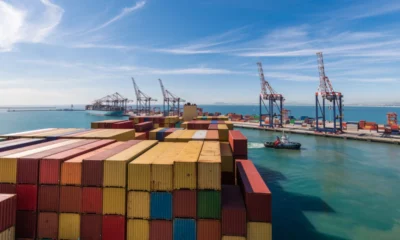 Cape Town harbour with a docked freight ship being loaded with storage containers.