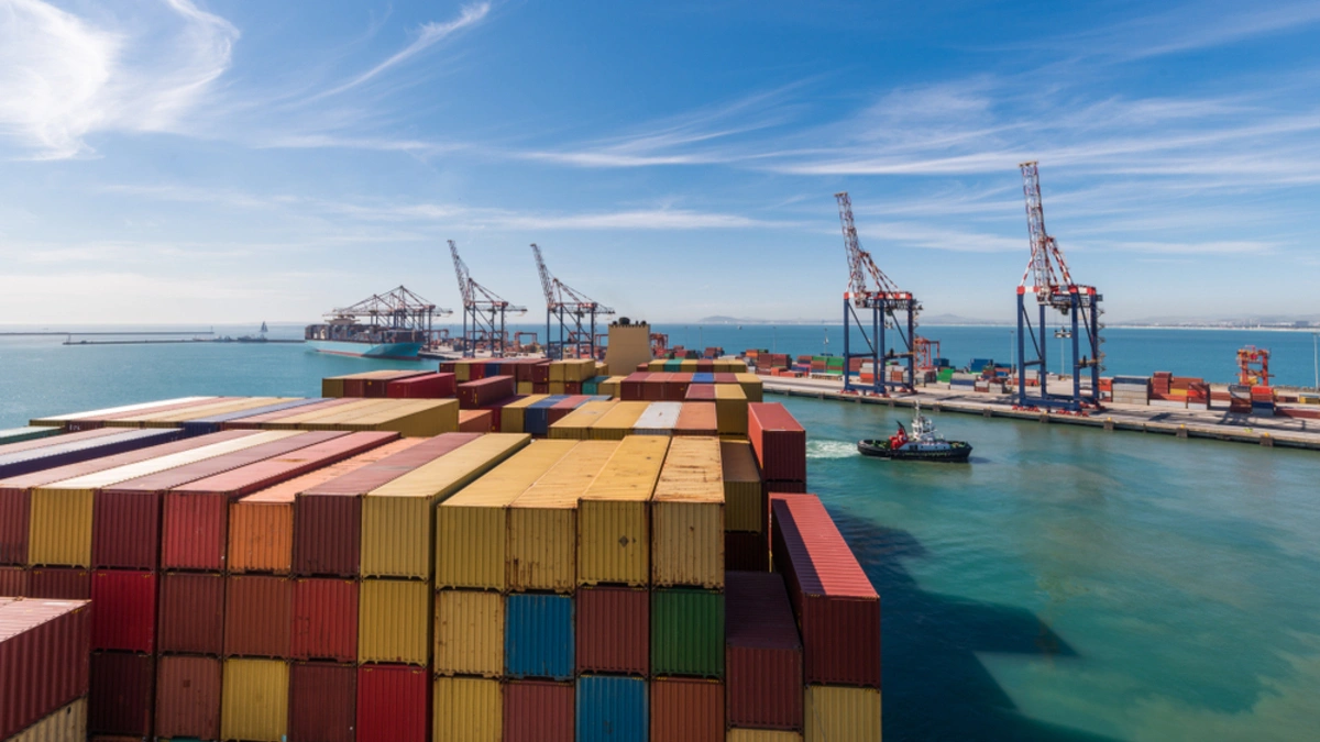 Cape Town harbour with a docked freight ship being loaded with storage containers.
