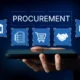 Man holding phone face up with a hologram of procurement icons displaying from it