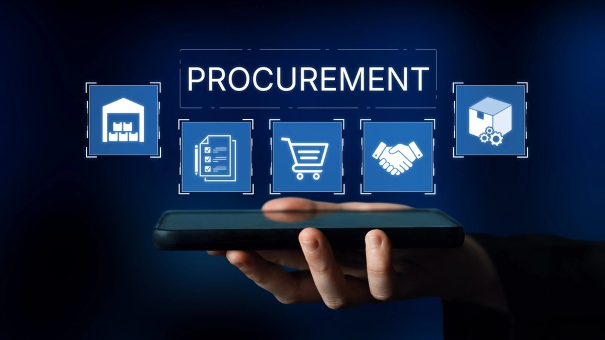 Man holding phone face up with a hologram of procurement icons displaying from it