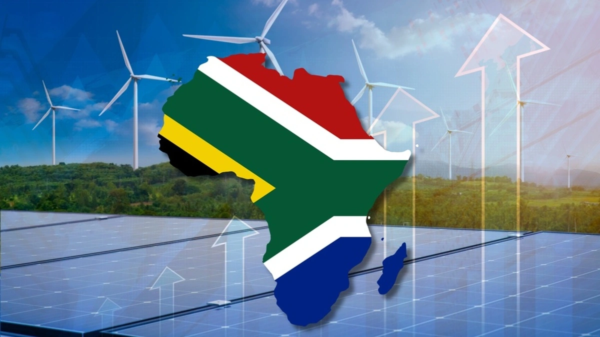 The African continent filled with the South African flag with a backdrop of solar panels and wind turbines.