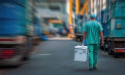 Focused shot of a surgeon in scrubs walking away in scrubs carrying a cooler with life-saving treatment.