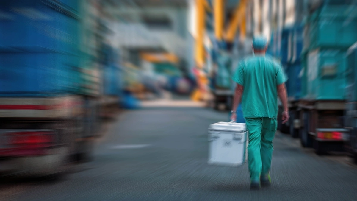 Focused shot of a surgeon in scrubs walking away in scrubs carrying a cooler with life-saving treatment.