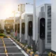 EV charging station with freight trucks parked besides the station.