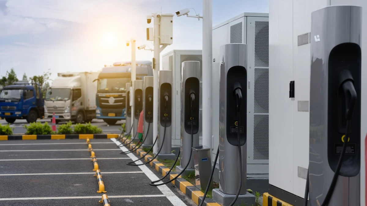EV charging station with freight trucks parked besides the station.